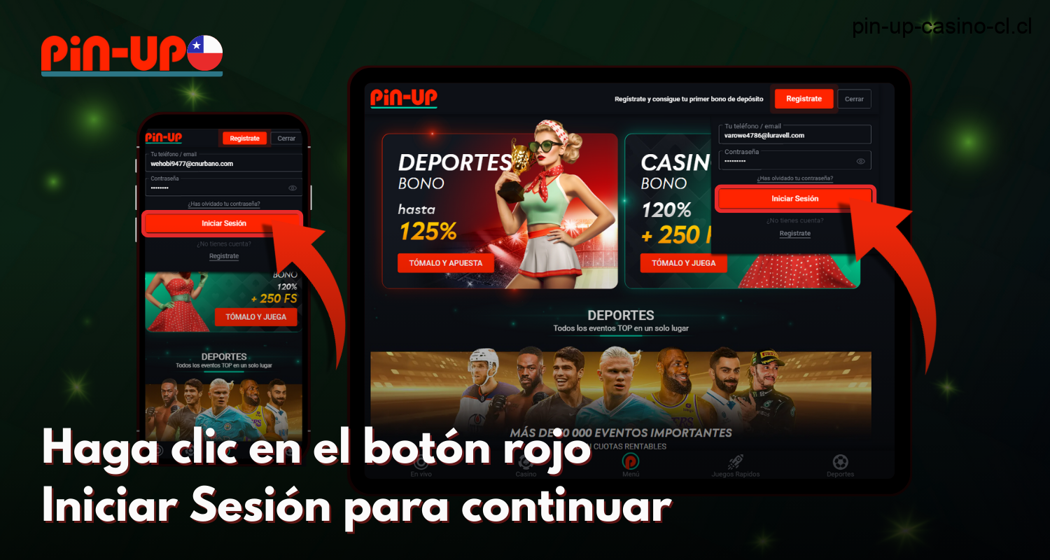 Para acceder a la cuenta de juego Pin Up, los jugadores de Chile, tras introducir sus datos, deben hacer clic en el botón de inicio de sesión