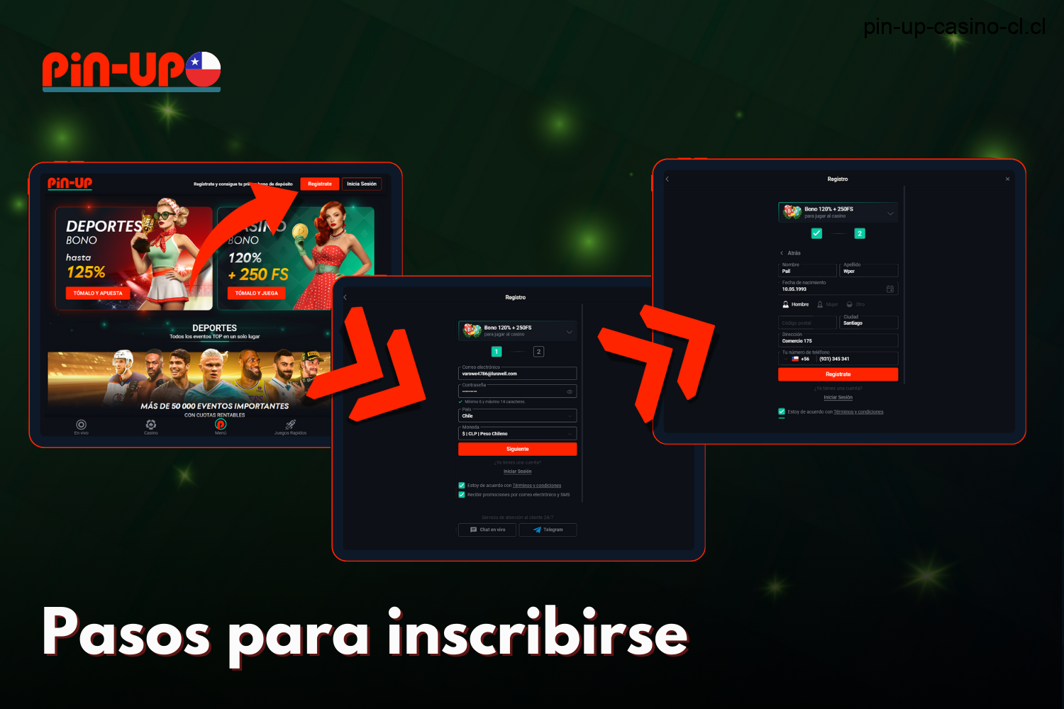 Para crear una cuenta en Pin Up, los usuarios de Chile deben hacer clic en el botón de registro situado en la esquina superior derecha del sitio web, introducir sus datos en los campos especiales y confirmar el registro