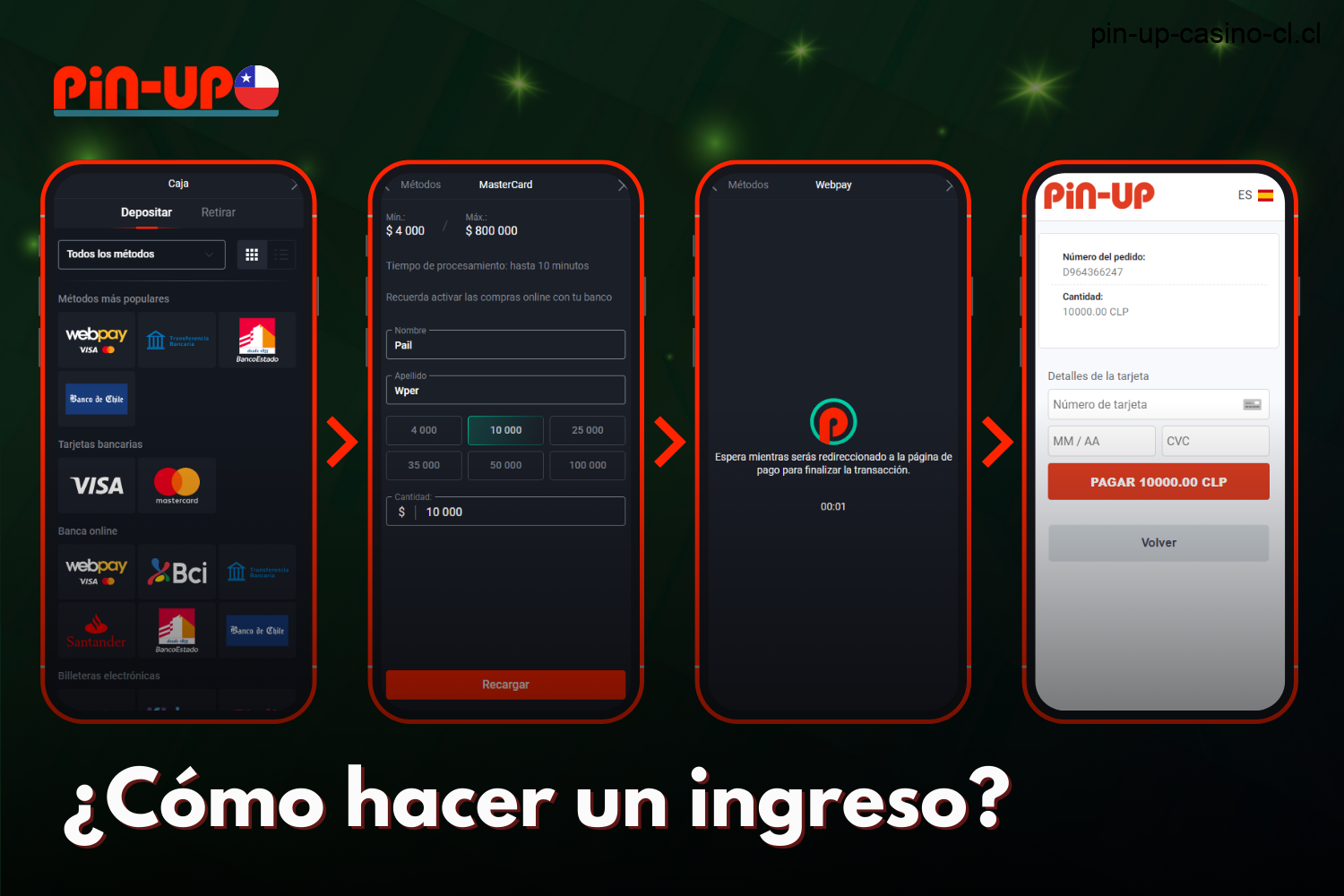 Para realizar un depósito con Pin Up, los usuarios de Chile deben acceder a su cuenta personal, hacer clic en el botón de depósito, elegir un método bancario y confirmar la transferencia de dinero