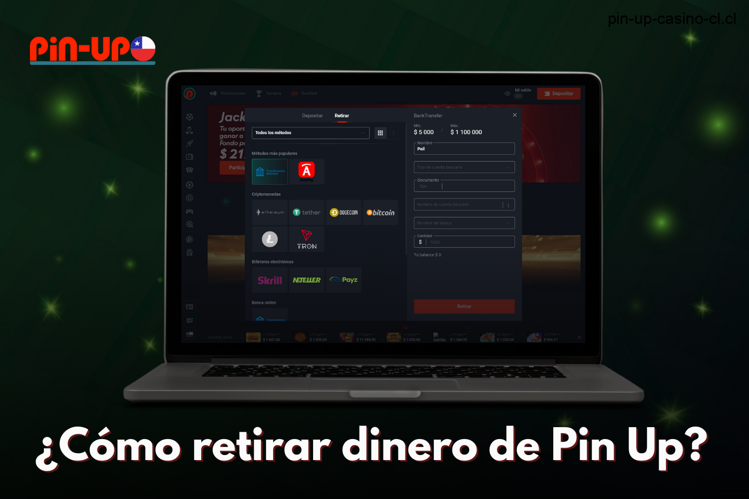 Para retirar dinero de Pin Up, los usuarios de Chile deben ir a su cuenta personal, hacer clic en el botón de retirada y elegir un método bancario conveniente